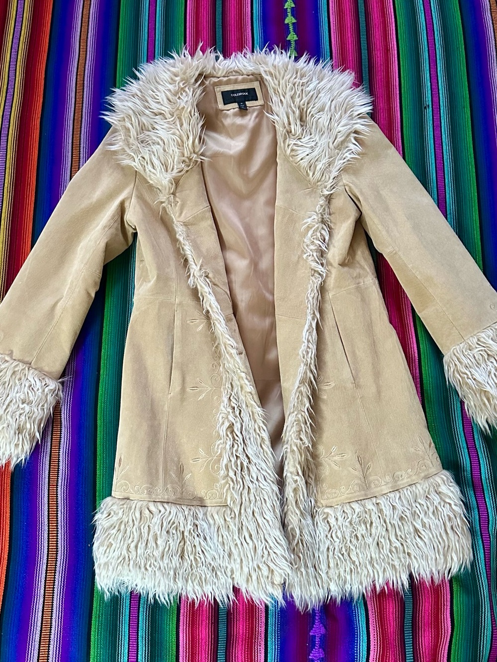 Colebrook beige suede coat with Plush Faux Fur Trim